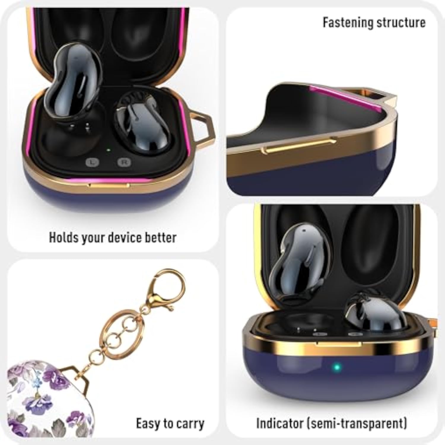 Cute Pattern Hard Shell Case for Galaxy Buds 2, Galaxy Buds Pro, Galaxy Buds Live with Key Chain Clip, Purple