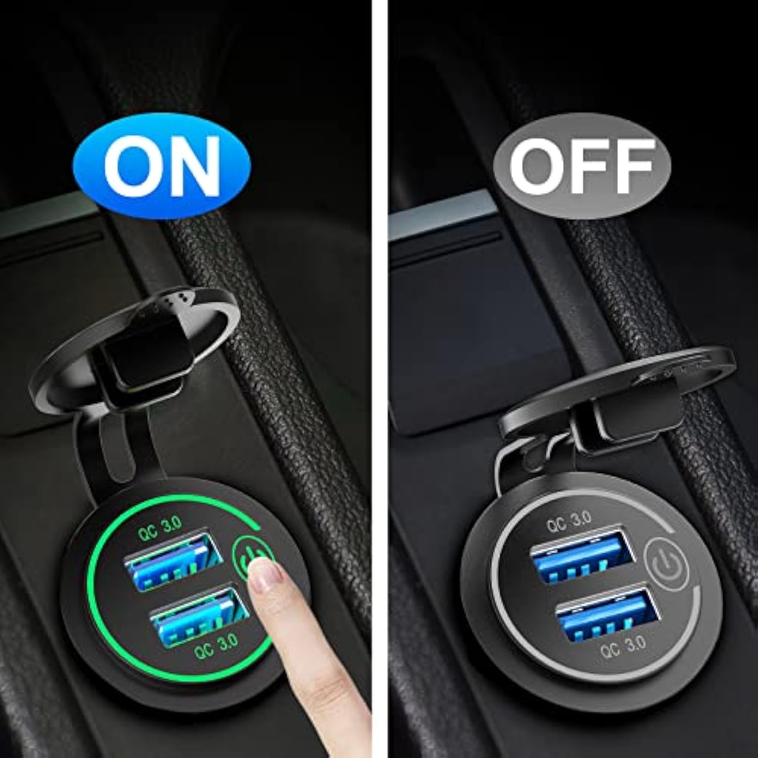 Car Usb Outlet 12V Charger Socket, Waterproof 36W Dual Qc3.0 Usb Power Socket With Touch Switch Diy For Car Boat Marine Rv Motorcycle Bus Truck Golf Cart, Green