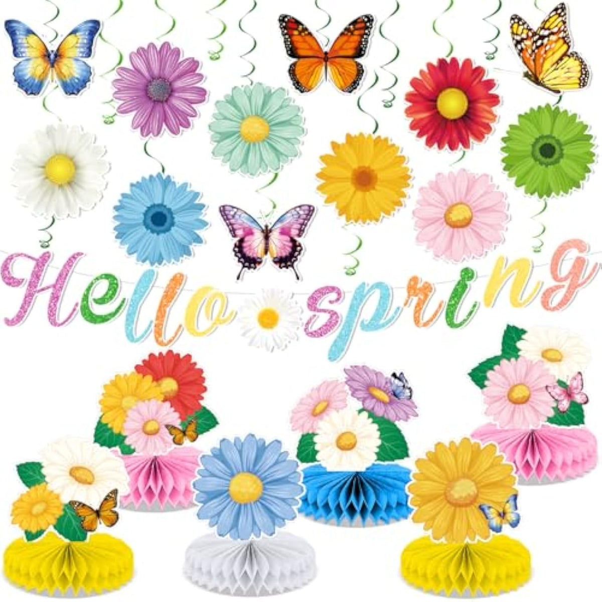 Spring Party Decorations Hello Spring Banner Sunflowers Butterfly Hanging Swirl Decor Daisy Honeycomb Centerpiece Table Toppers Spring Summer Floral Party Decor For Birthday Wedding 31Pcs