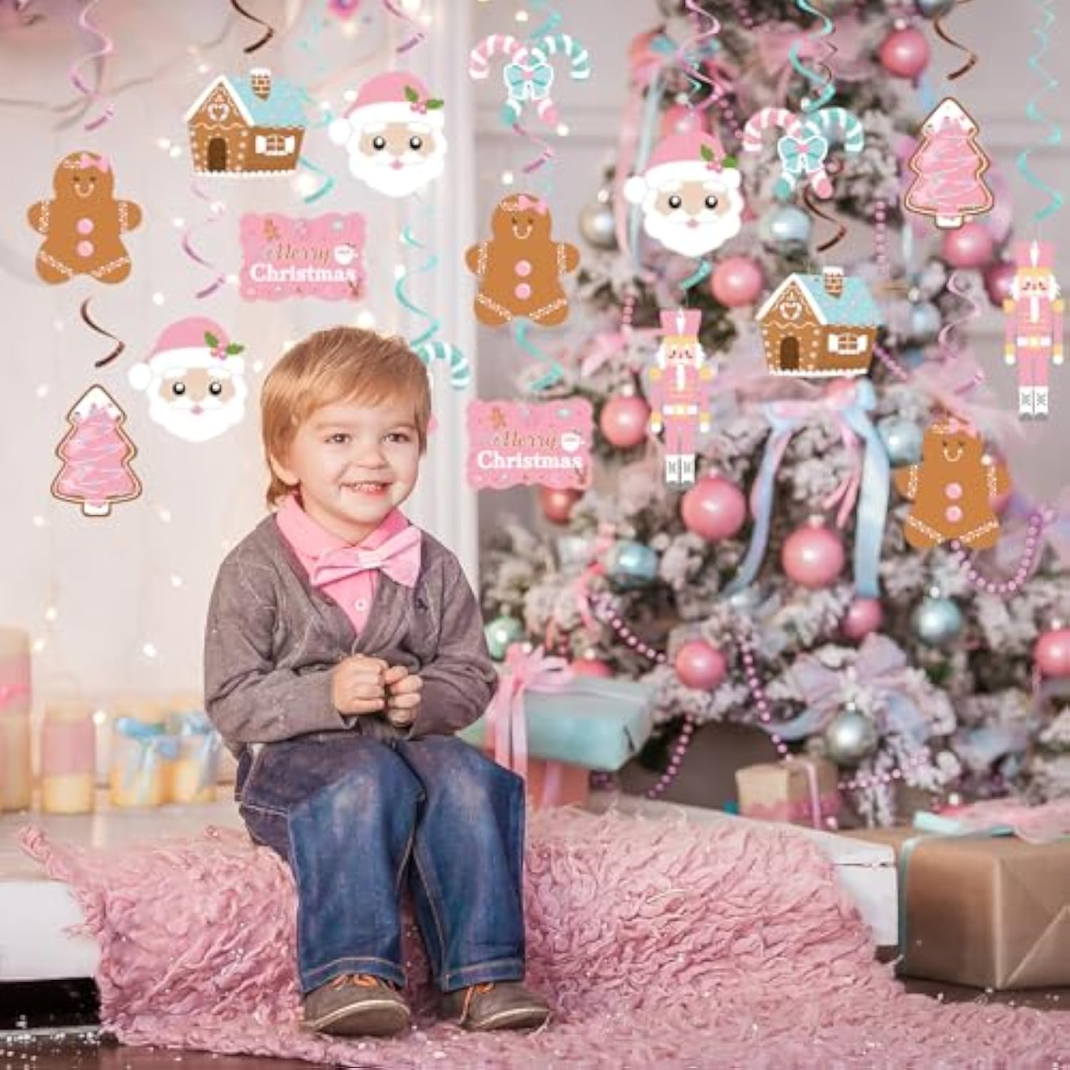 20 Pcs Gingerbread Man Theme Party Hanging Swirls Ceiling,Pink Cute Christmas Party Hanging Swirls Foil Ceiling Decor For Birthday Baby Shower Xmas Party Decor