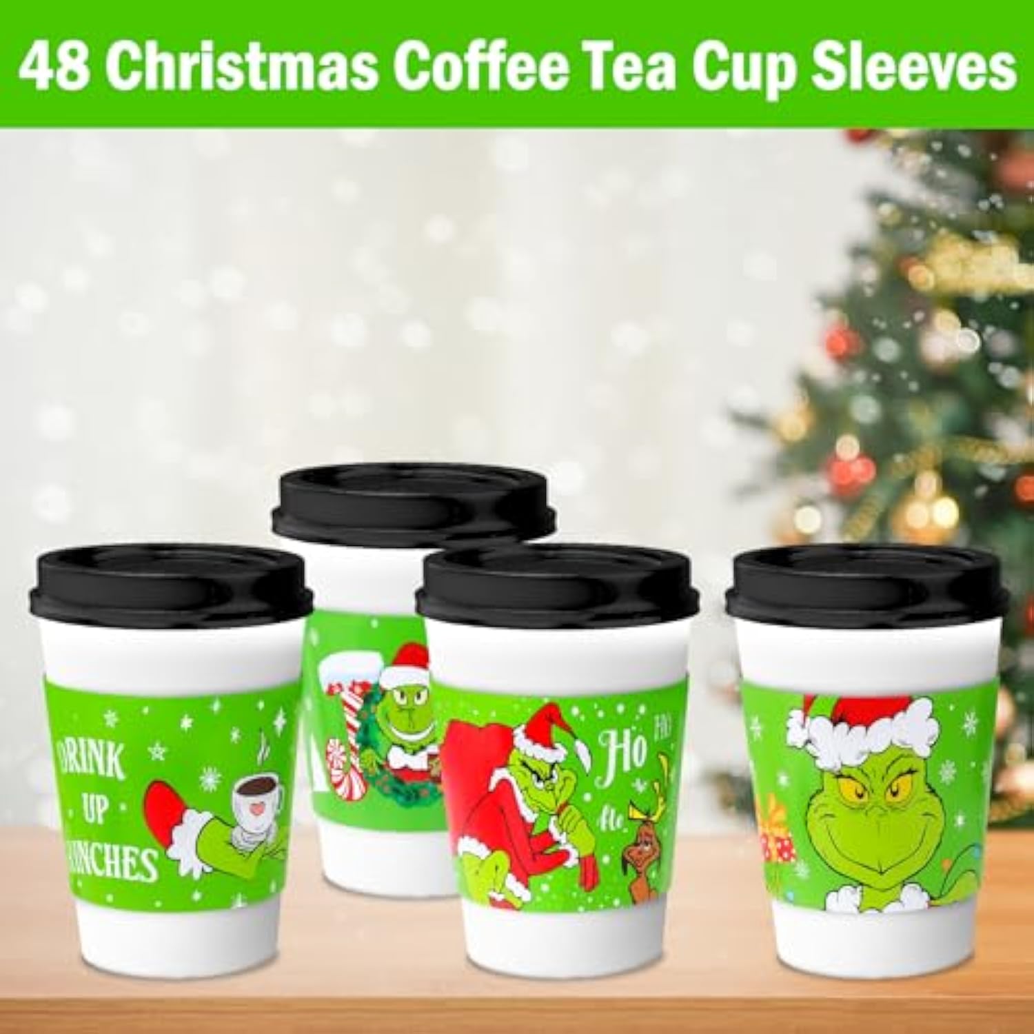 48 Pcs Christmas Coffee Tea Cup Sleeves Green Cartoon Character Christmas Cup Sleeves For 12 & 16Oz Disposable Paper Cup For Christmas Party Hot Chocolate Cocoa Cold Beverage