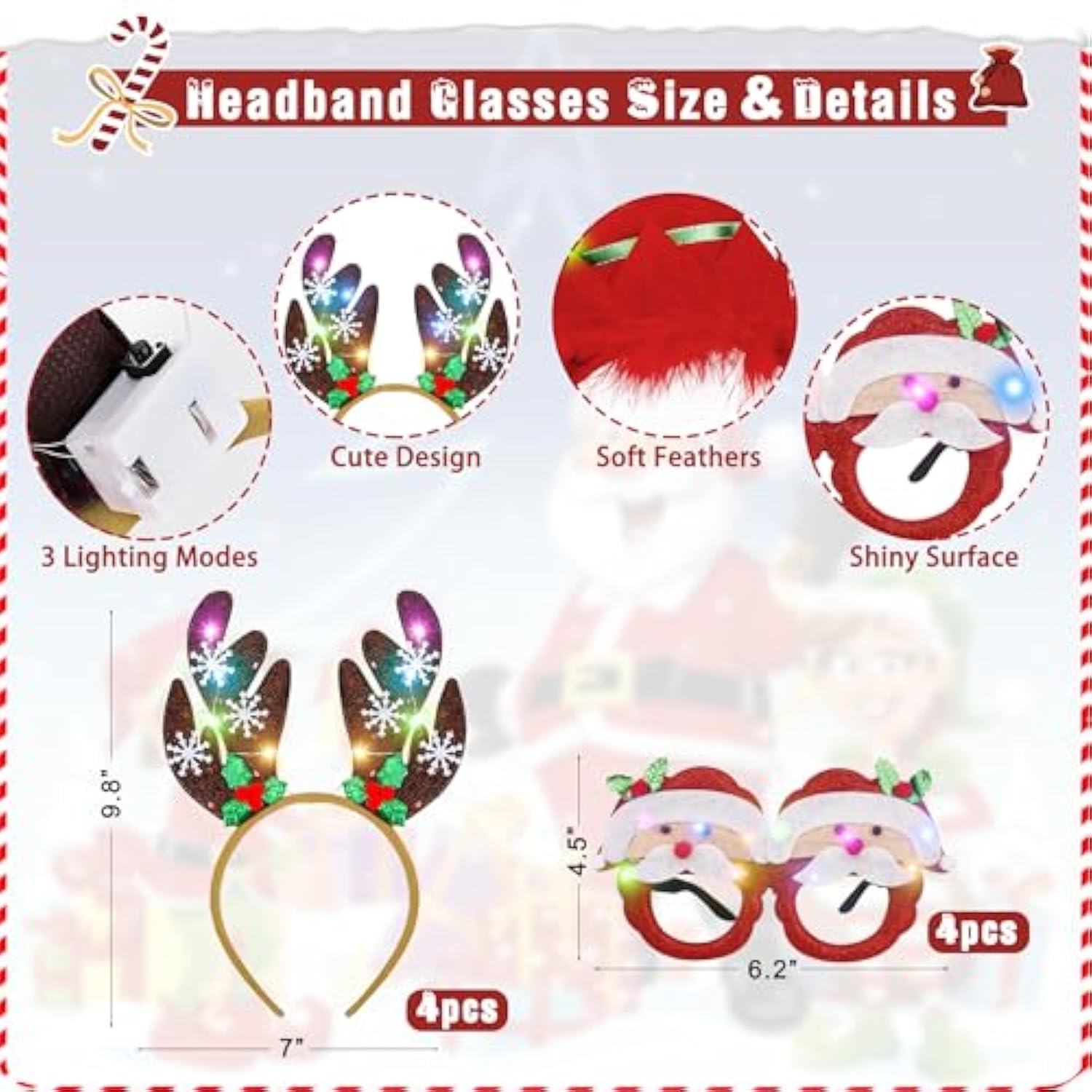 12 Pcs Christmas Party Favors, Light Up Christmas Necklace Headband Glasses Set, Candy Cane Snowflake Tree Bulb Necklace Led Headband Flashing Eyeglasses For Xmas Gifts, Christmas Accessories