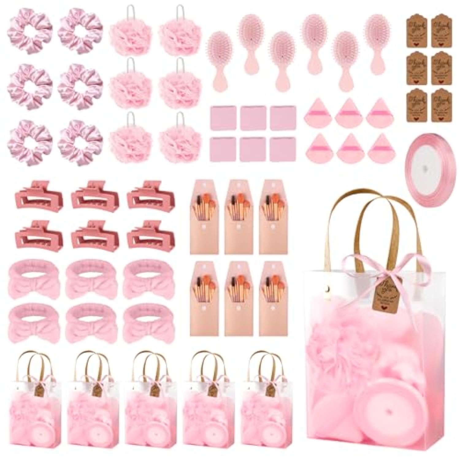 109Pcs Baby Shower Prizes For Winners Gifts Baby Shower Favors Including Headband Hair Brush Compact Mirror Bath Sponges Powder Puff Hair Tie Claw Makeup Brushes Gift Bag Bridal Shower(Pink)