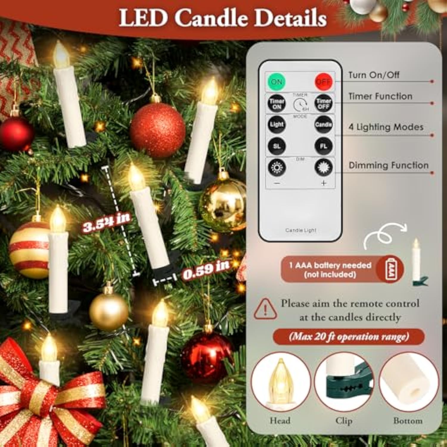 30 Pcs Flameless Led Taper Candles Battery Operated, Christmas Tree Candles Clip-On With Remote - 4 Modes & Timer, Waterproof, Dimmable Flicker Candle For Home Holiday Party Wedding Decor