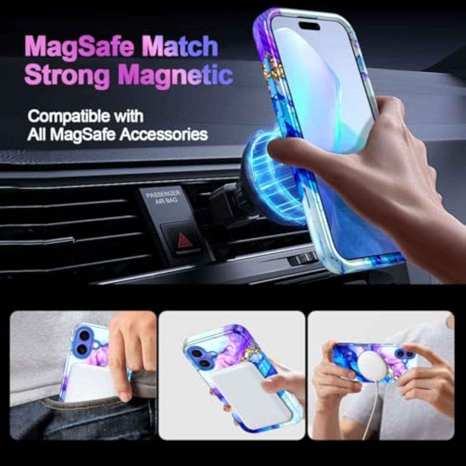 Marble Women Girls Case for iPhone 17 6.3 inch, Compatible with MagSafe, Military Grade Drop Test, Full Body Protection Slim Shockproof Rugged Case, Azure Blue