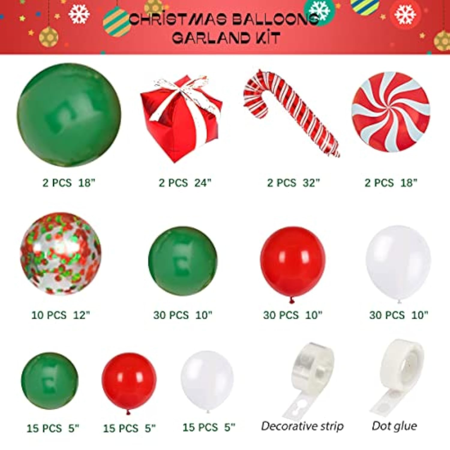 Christmas Balloons Garland Arch Kit, Xmas Red Green White Confetti Balloons With Candy Cane Foil Balloons For Christmas Party Birthday Xmas Party Decorations