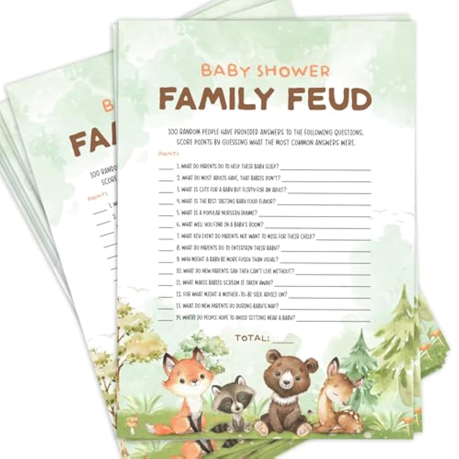 50 Baby Shower Family Feud Game Cards, Woodland Baby Shower Games Activity For Girl Or Boy, Gender Neutral, Woodland Theme