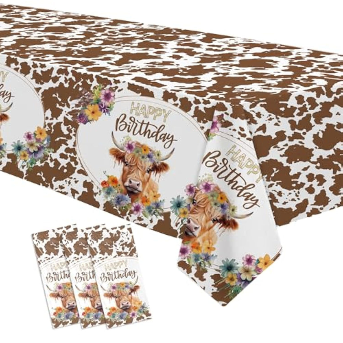 Highland Cow Birthday Decorations Tablecloth, 3 Pack Disposable Floral Boho Holy Cow Highland Theme Party Tablecover Supplies For Western Farm Animals Kids Birthday Baby Shower, 86In X 55In