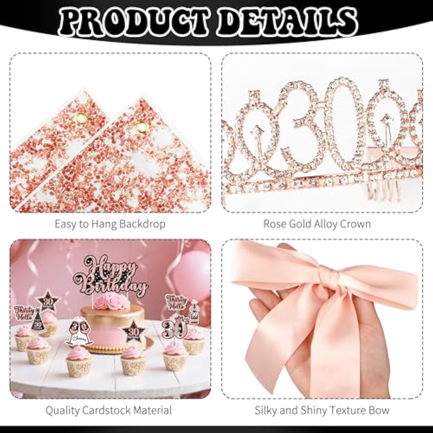 30Th Birthday Decorations For Her, Black Rose Gold Happy 30Th Birthday Backdrop Banner Sash Tiara Cake Topper Satin Ribbon Bows & Number 30 Balloon Arch Kit, Elegant 30 Birthday Decorations For Women