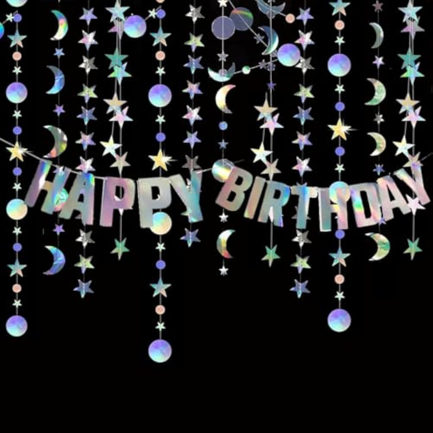 Star Moon Circle Dot Garland Party Decoration Kit, Holographic Party Decorations Hanging Stars Streamer Backdrop Crescent Garlands Happy Birthday Banner Backdrop For Baby Shower Birthday Wedding