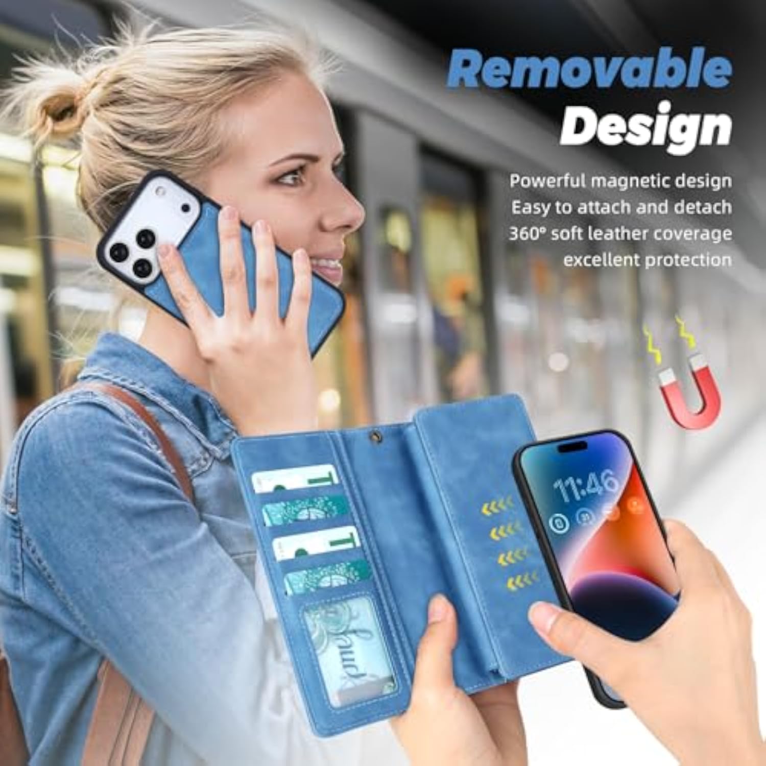 Leather Wallet Case for iPhone 17 Pro with 11 Card Holders, Sky Blue