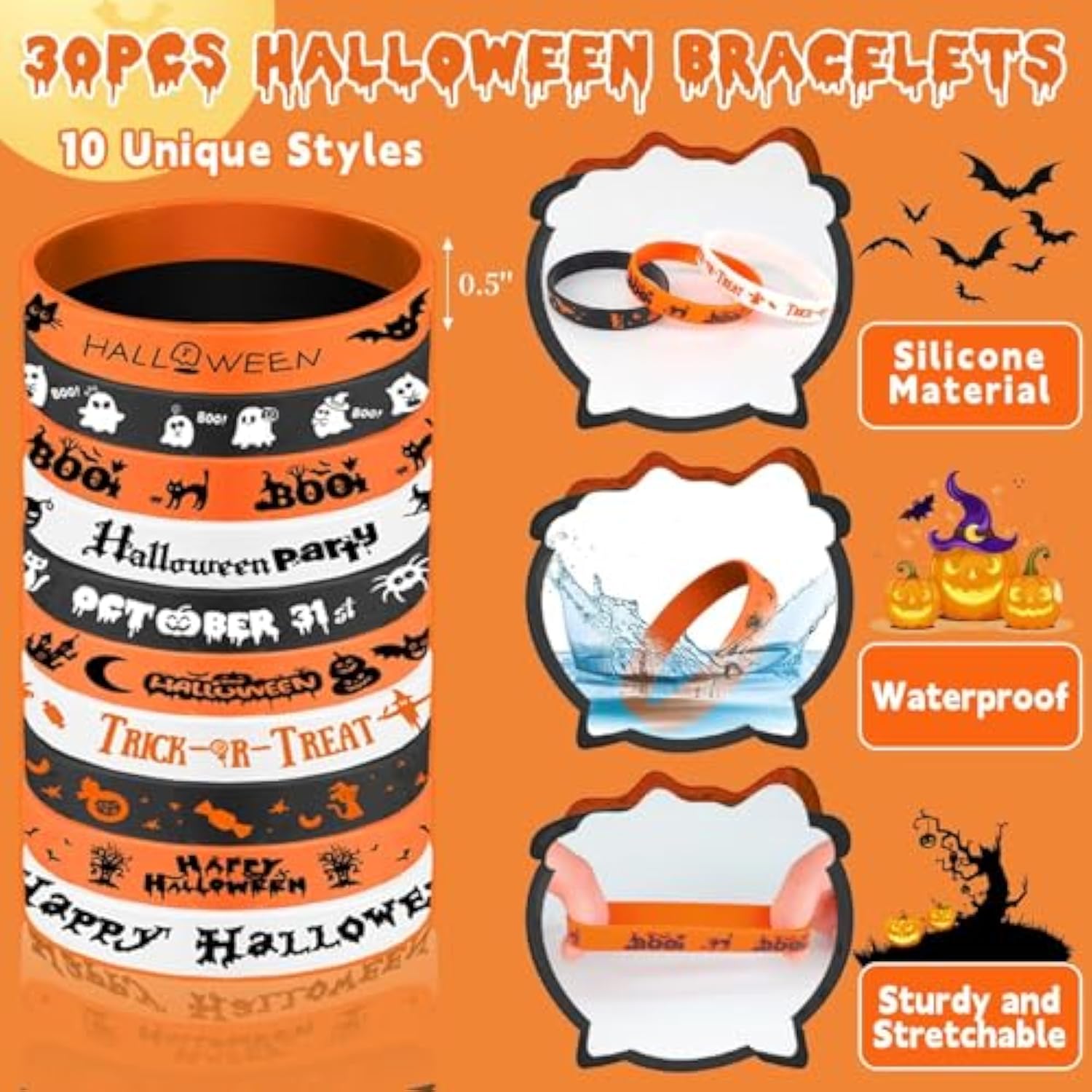 Halloween Party Favors For Kids, 72Pcs Rubber Wristbands Slap Bracelets Tattoo Stickers Goodie Bag Stuffers Trick Or Treat Toys For Halloween Decorations Supplies