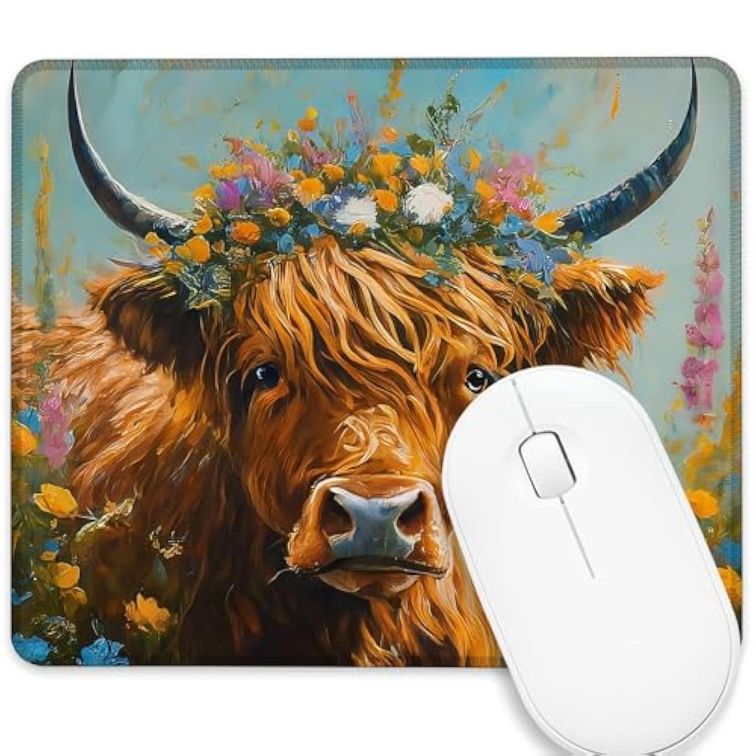 Mouse Pad Cow With A Flower Wreath Computer Mousepad Washable Non-Slip Rubber Base Mouse Mat,Laptop Desk Accessories Decoration 9.5 Inches X 7.9 Inches