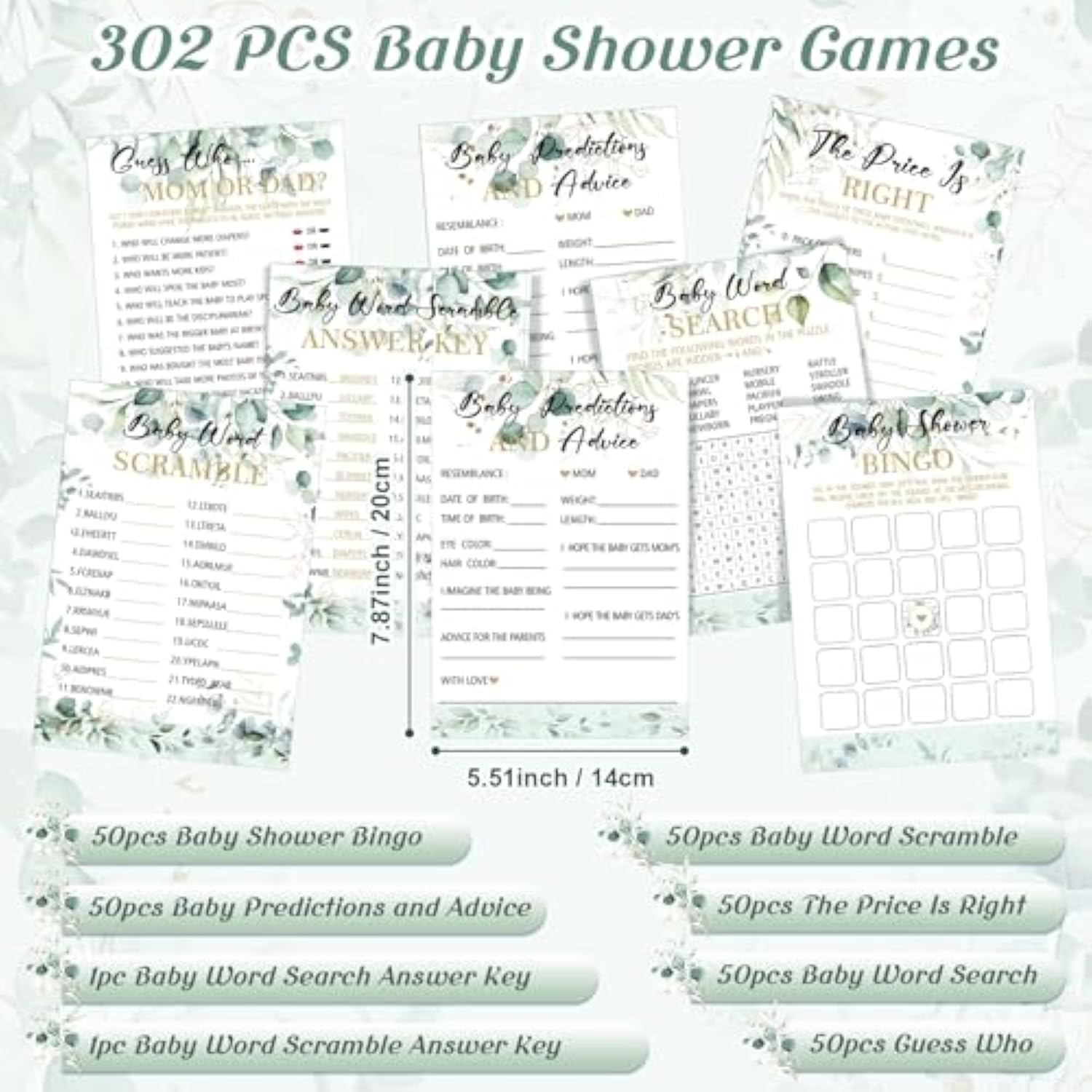 302 Pcs Greenery Eucalyptus Baby Shower Games 6 Games Activities For 50 Guests Include Baby Shower, Word Scramble, Word Search, Predictions And Advice, The Price Is Right