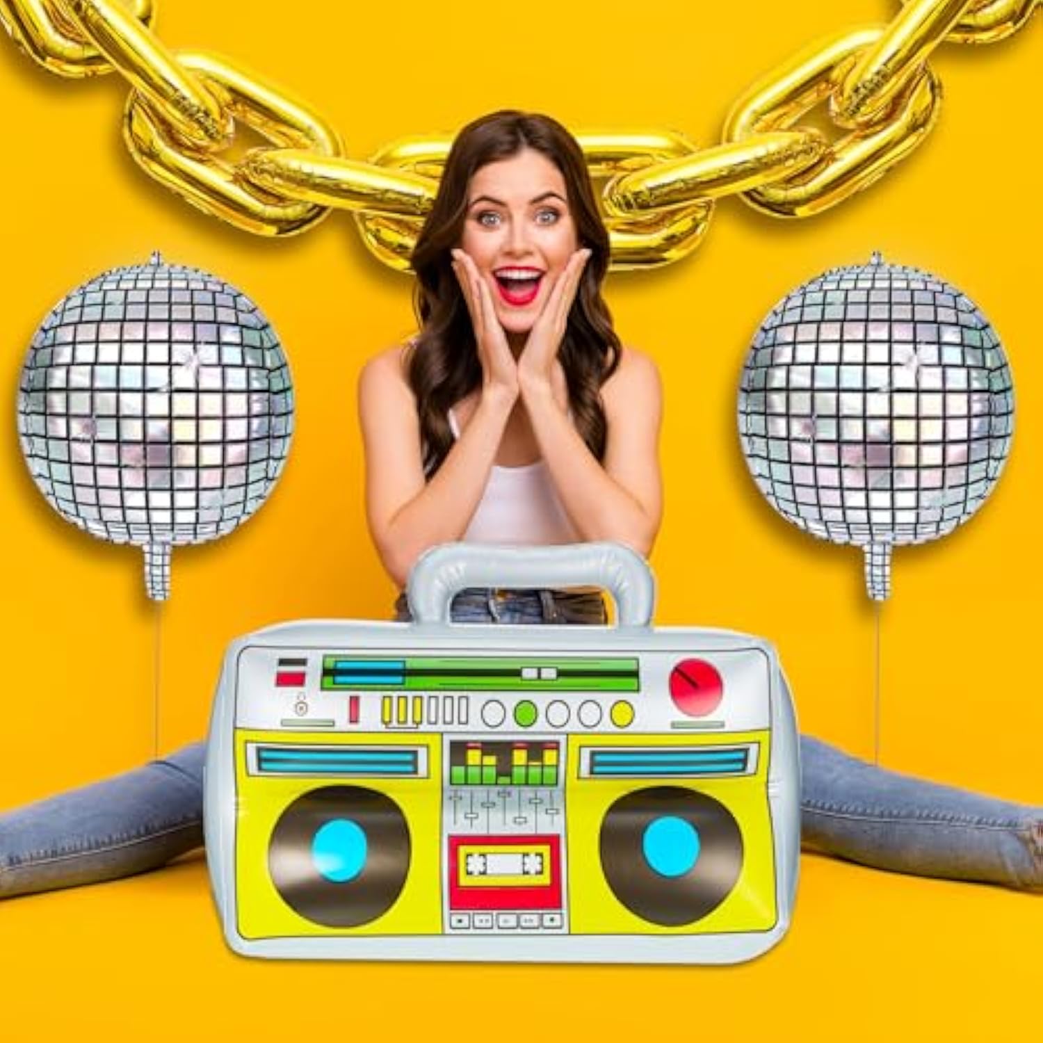 18 Pieces 80S 90S Party Decorations Rainbow Roller Skate Balloons Gold Chain Balloons Inflatable Boombox Radio Mobile Phone 4D Disco Ball Aluminum Film For Adult Hip Hop Themed Decor