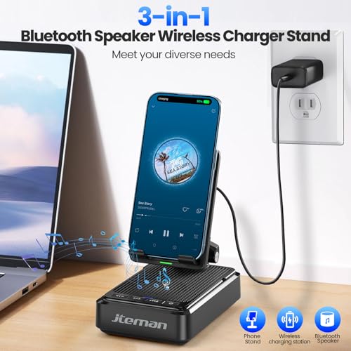 Cell Phone Stand with Bluetooth Speaker and Wireless Charger, Desktop Charging Station Stand Speaker for iPhone, Christmas Birthday Gift for Men