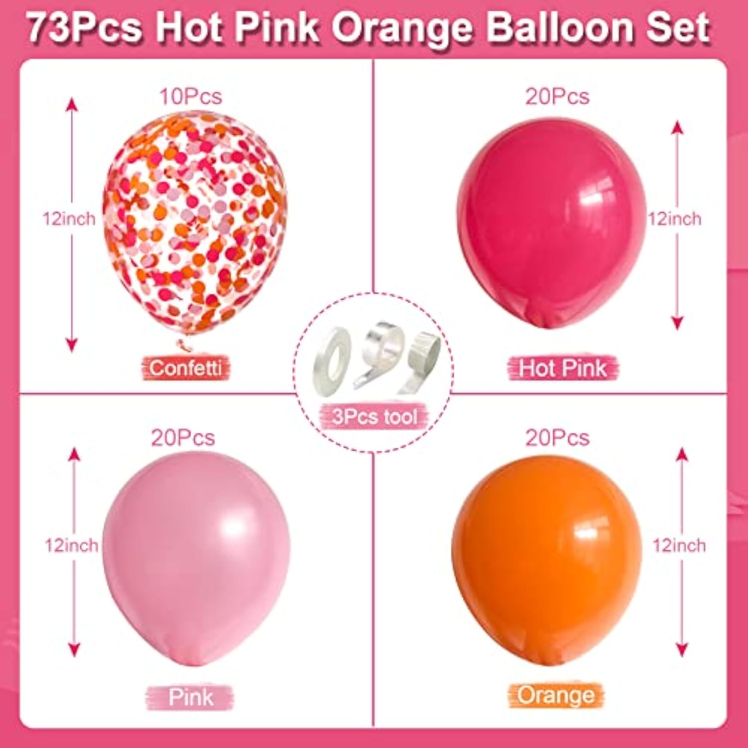 73Pcs Hot Pink And Orange Balloon Arch 12In Pink Confetti Balloons Hot Pink Pastel Pink Orange Balloons For Kids' Party Supplies Hot Pink And Gold Decorations