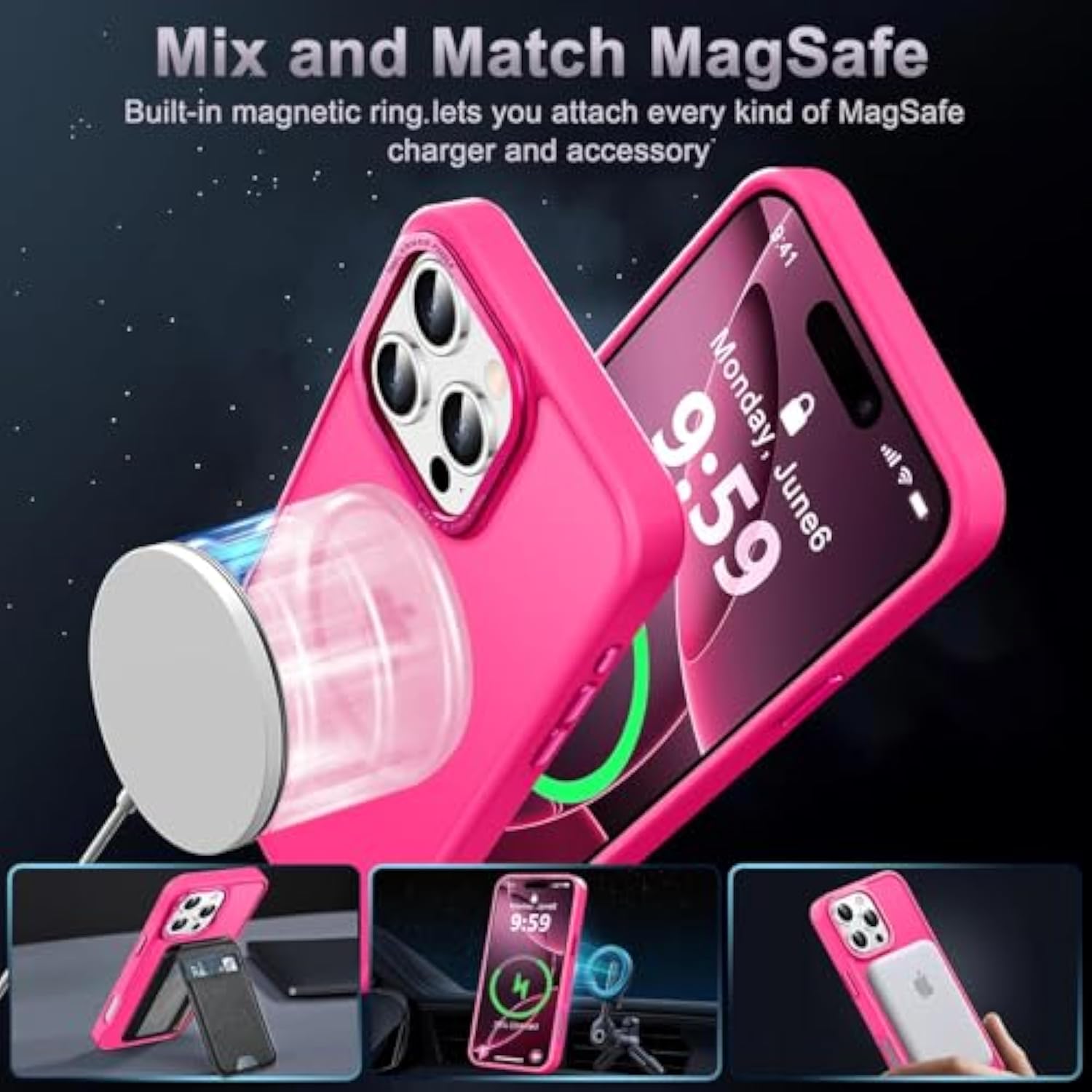 Designed For Iphone 16 Pro Max Case With Magnetic [13 Ft Drop Protection] [Compatible With Magsafe] Slim Translucent Matte Shockproof With Anti-Fingerprint Phone Case, Hot Pink
