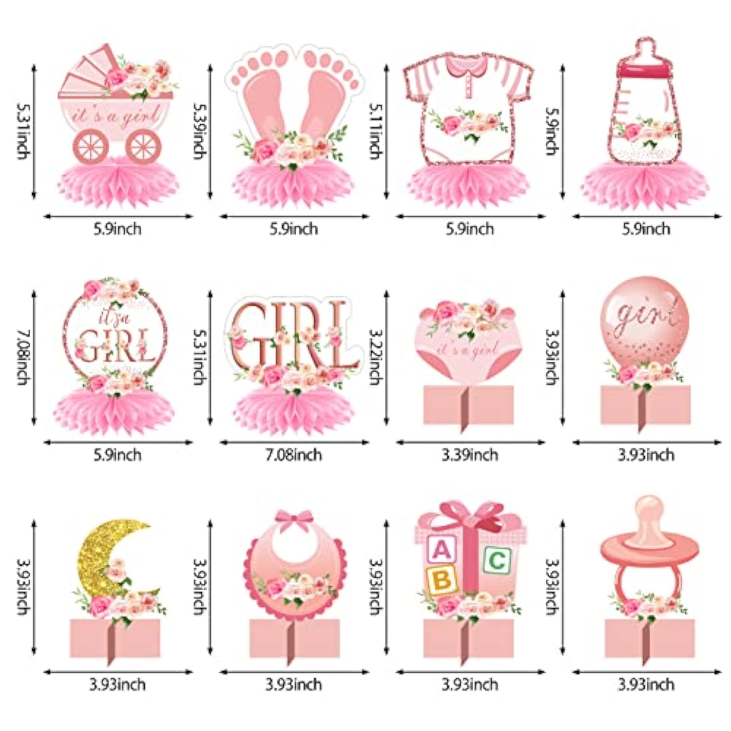 12Pcs Pink Rose Gold Baby Shower Honeycomb Centerpieces for Girls Party Decor