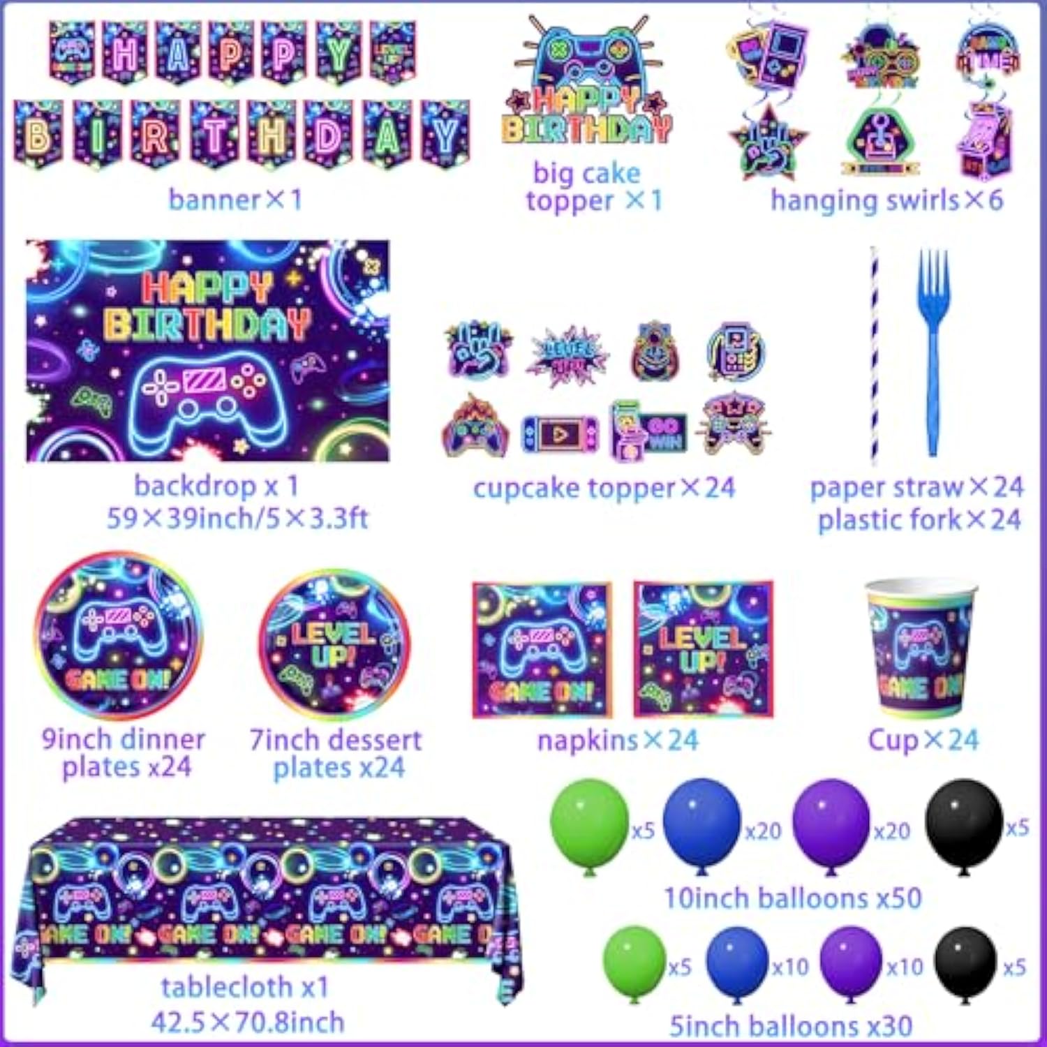 Video Game Birthday Decorations, 258Pcs Gaming Party Decorations Gamer Birthday Plates And Napkins, Cups, Tablecloth, Banner, Balloons, Cake Toppers Game Party Decorations For Boys Serve 24