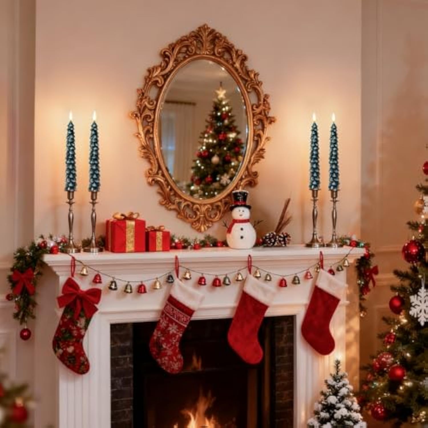Christmas Decorations Indoor, Christmas Decor - Christmas Tree Taper Flameless Candles Battery Operated With Remote Timer, Xmas Candlesticks Home Table Mantel Room Decor, Wax, Set Of 4(Green&White)