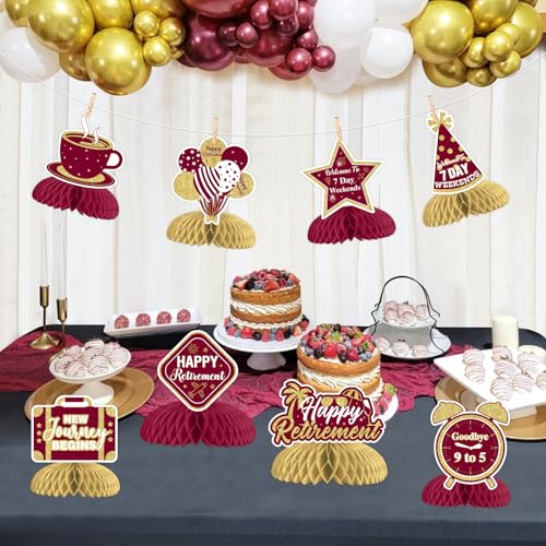 8 Pieces Happy Retirement Honeycomb Centerpieces - Burgundy Retirement Party Decorations, New Journey Begins Goodbye 9 to 5 Table Toppers for Welcome to 7 Day Weekends Farewell Leaving Party