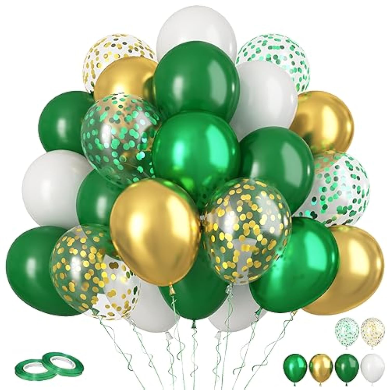 60pcs Green & Gold Balloons, 12" Confetti  Metallic Latex for Party Decor