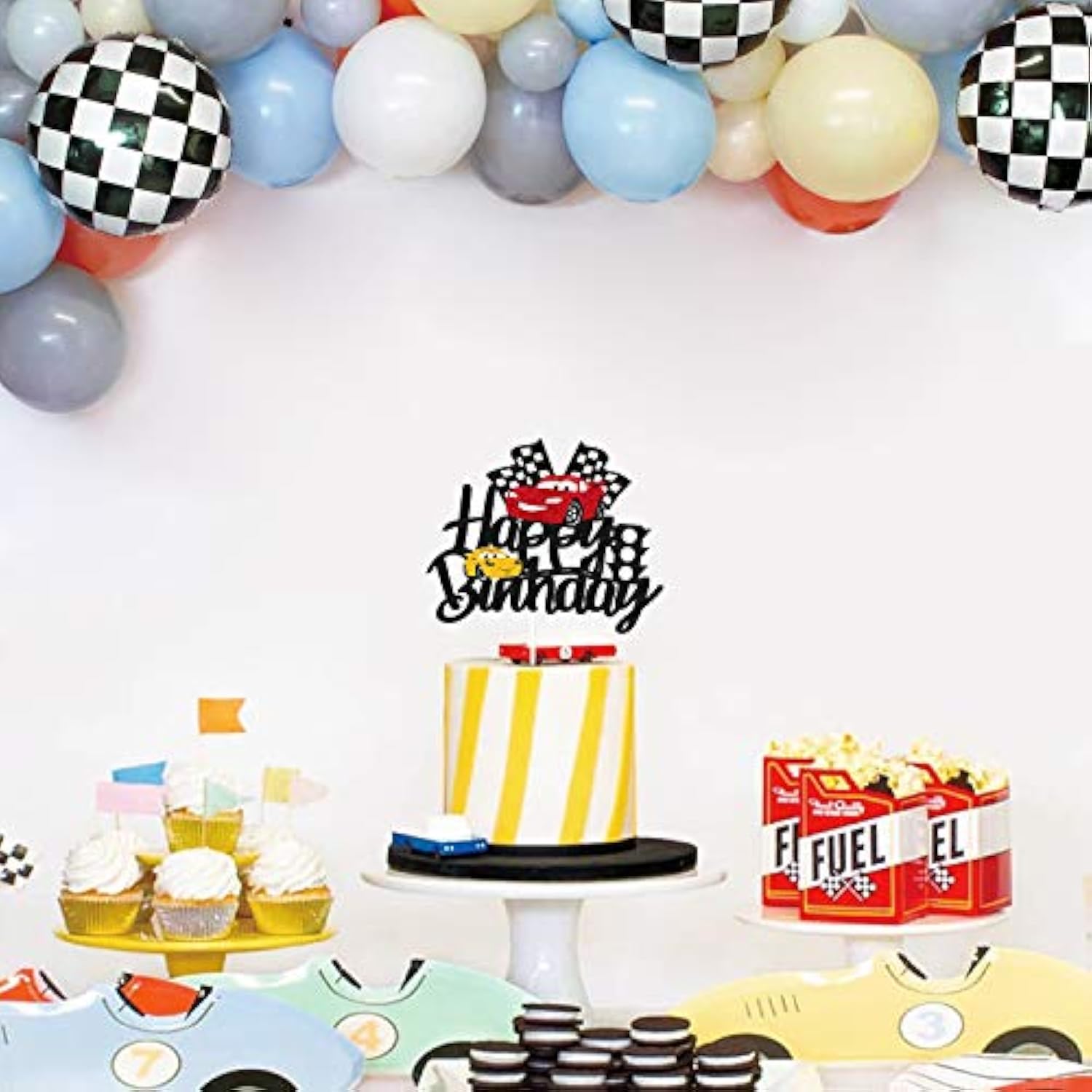Car Cake Topper Race Car Cake Decorations For Racing Car Checkered Flag Themed Kids Boy Girl Happy Birthday Party Supplies Double Sided