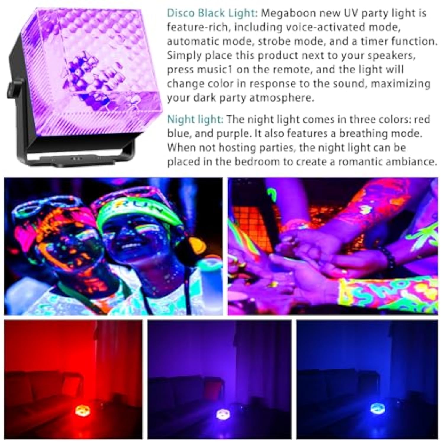2 In 1 Disco Black Light Glow Party Lights,10W Uv Disco Ball Light With Sound Activated Strobe Light Halloween Dj Party Lights Indoor For Halloween Christmas Birthday Party Dancing Decoration, 1 Pack