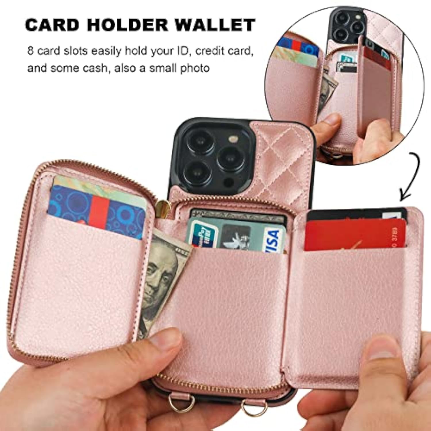 Crossbody Wallet Case For 14 Pro Max, Rfid Blocking Pu Leather Zipper Handbag Purse Flip Cover, Kickstand Folio Case With Card Slots Holder Wrist Strap Lanyard 5G 6.7 Inch (Rose Gold)