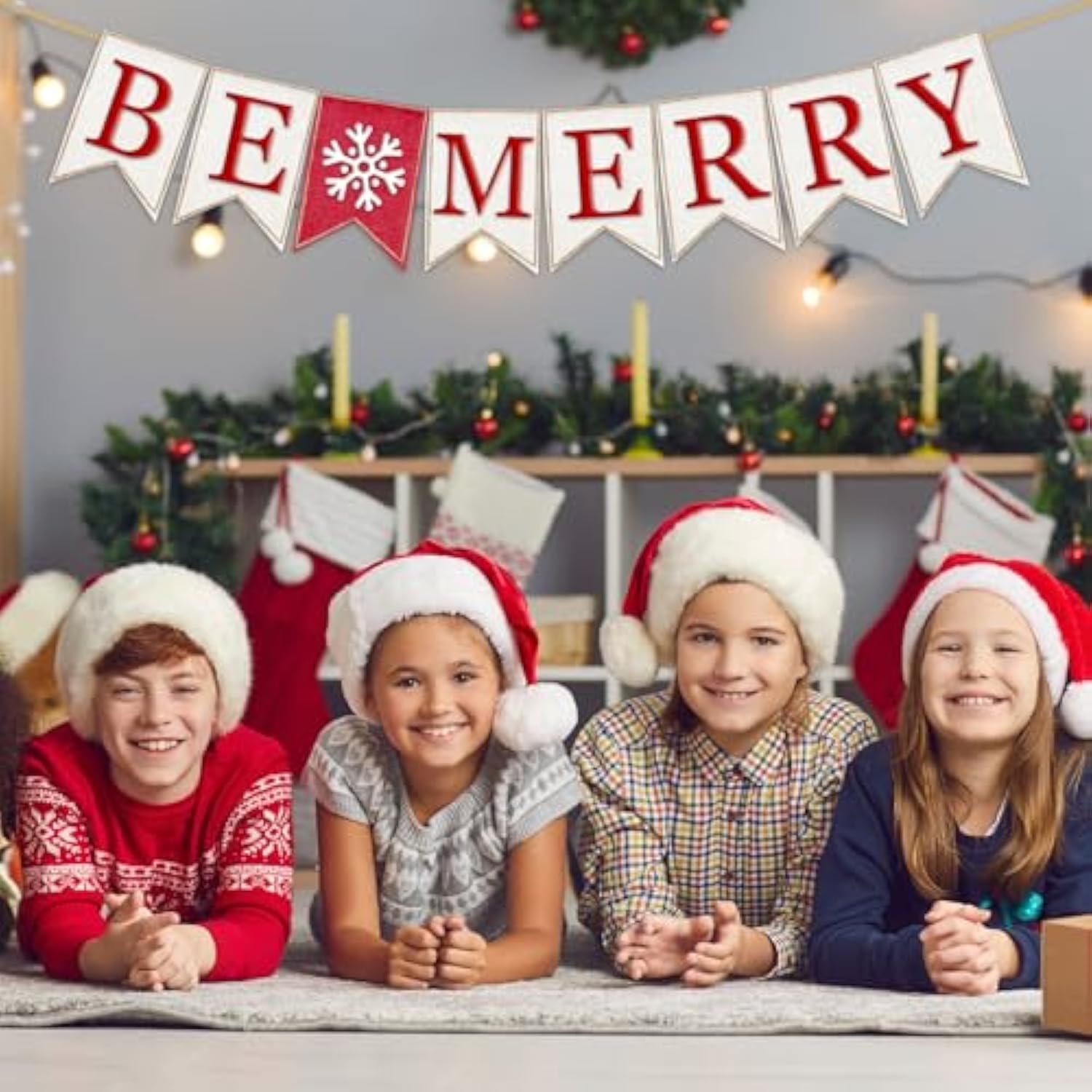 Christmas Burlap Banner Be Merry Banner Pre-Assembled Red White Xmas Bunting Garland Celebration Hanging Decorations For Holiday Home Decoration