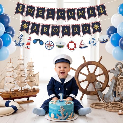 Welcome Aboard Decorations Blue Gold Welcome Aboard Banner Nautical Sailboat Lighthouse Hanging Bunting for Kids Adults Baby Shower Ocean Cruise Ship Birthday Adventure Party Supplies