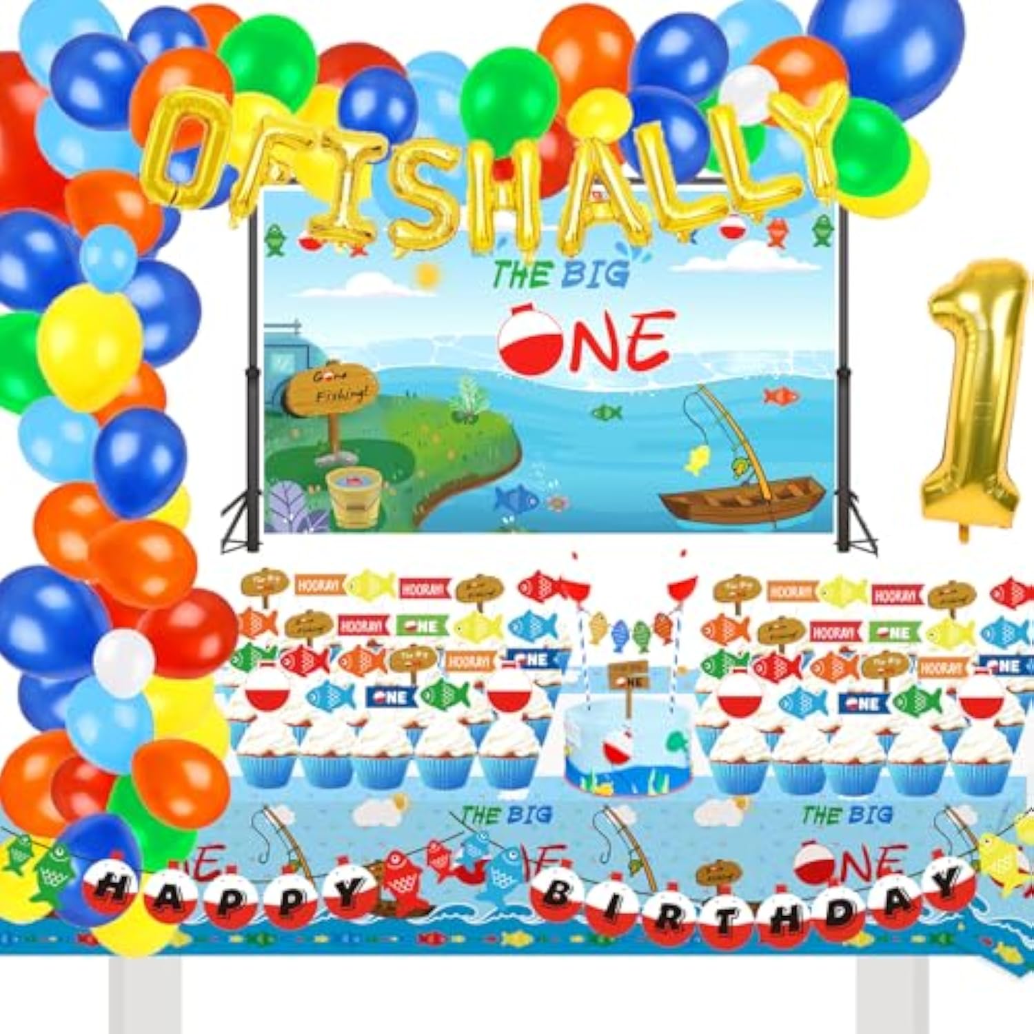 155 Pcs O Fish Ally 1 Birthday Party Decorations, Gone Fishing Balloon Garland Kit, The Big One Backdrop, Ofishally One Cake Cupcake Topper, Little Fisherman/Fishing Theme 1St Birthday Party Supplies
