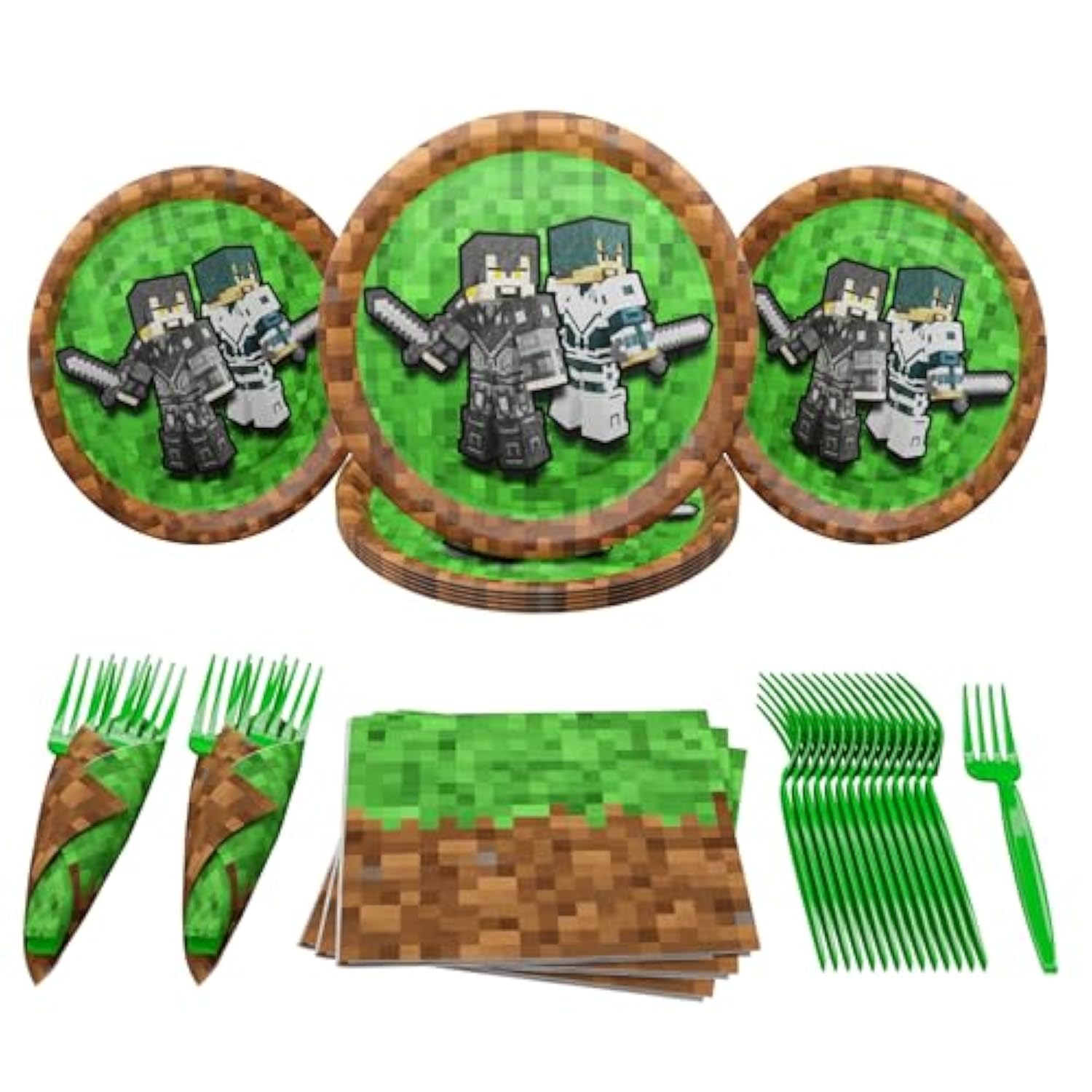 Pixel Warrior Value Party Supplies (64 Pieces For 20 Guests) - Video Game Party Supplies, Video Game Birthday Decorations, Mining Craft Party, Pixel Miner Party, Video Game Birthday Party