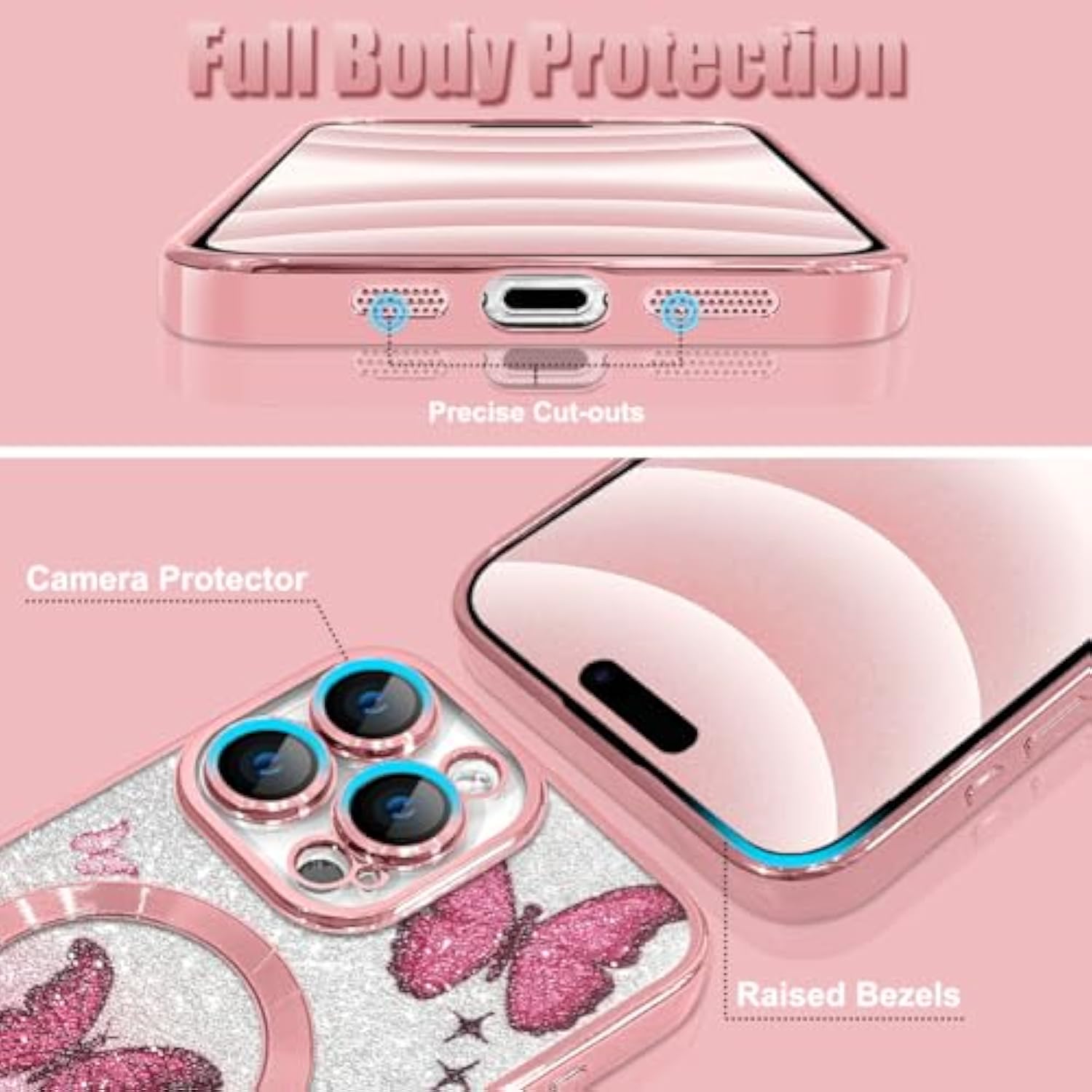 Case Fit For Iphone 16 Pro Max [Compatible With Magsafe] Glitter Bling Case With Camera Protector [2 Pieces Of Butterfly Design Insert] Soft Shockproof Anti-Scratch Cover For Women - Pink