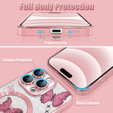 Case Fit For Iphone 16 Pro Max [Compatible With Magsafe] Glitter Bling Case With Camera Protector [2 Pieces Of Butterfly Design Insert] Soft Shockproof Anti-Scratch Cover For Women - Pink