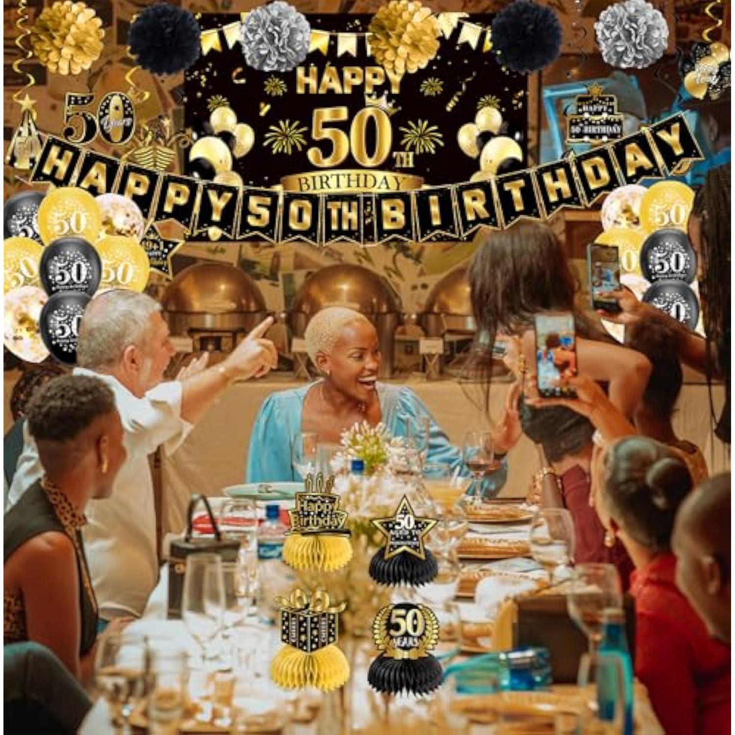 50th Birthday Decorations – Black Gold Banner, Balloons & Party Set