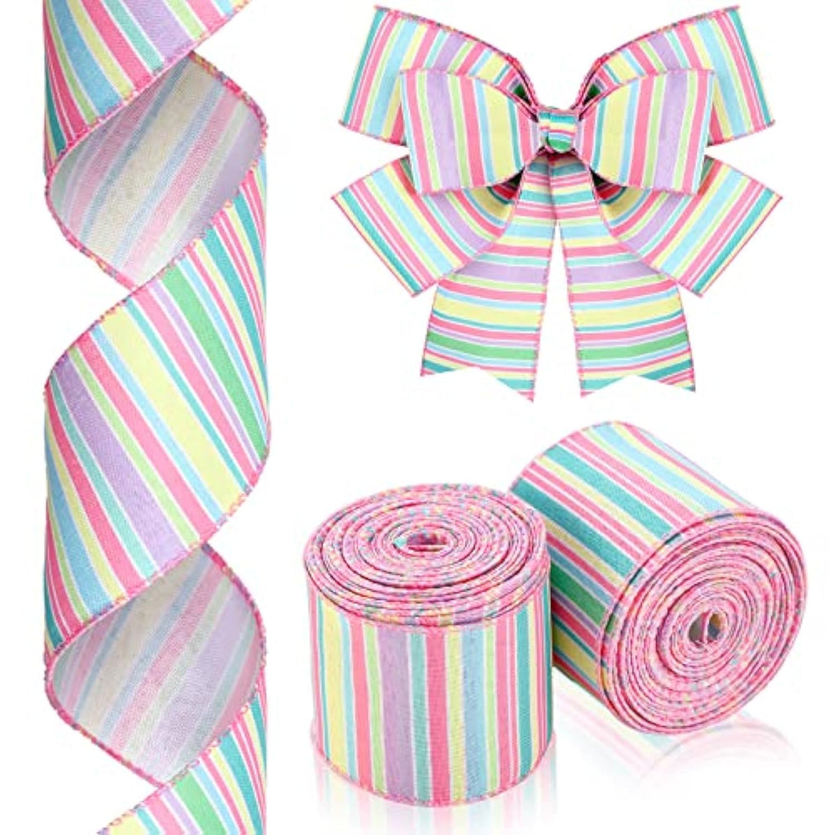 2 Rolls 20 Yards Spring Wired Edge Ribbon Horizontal Stripe Wired Edge