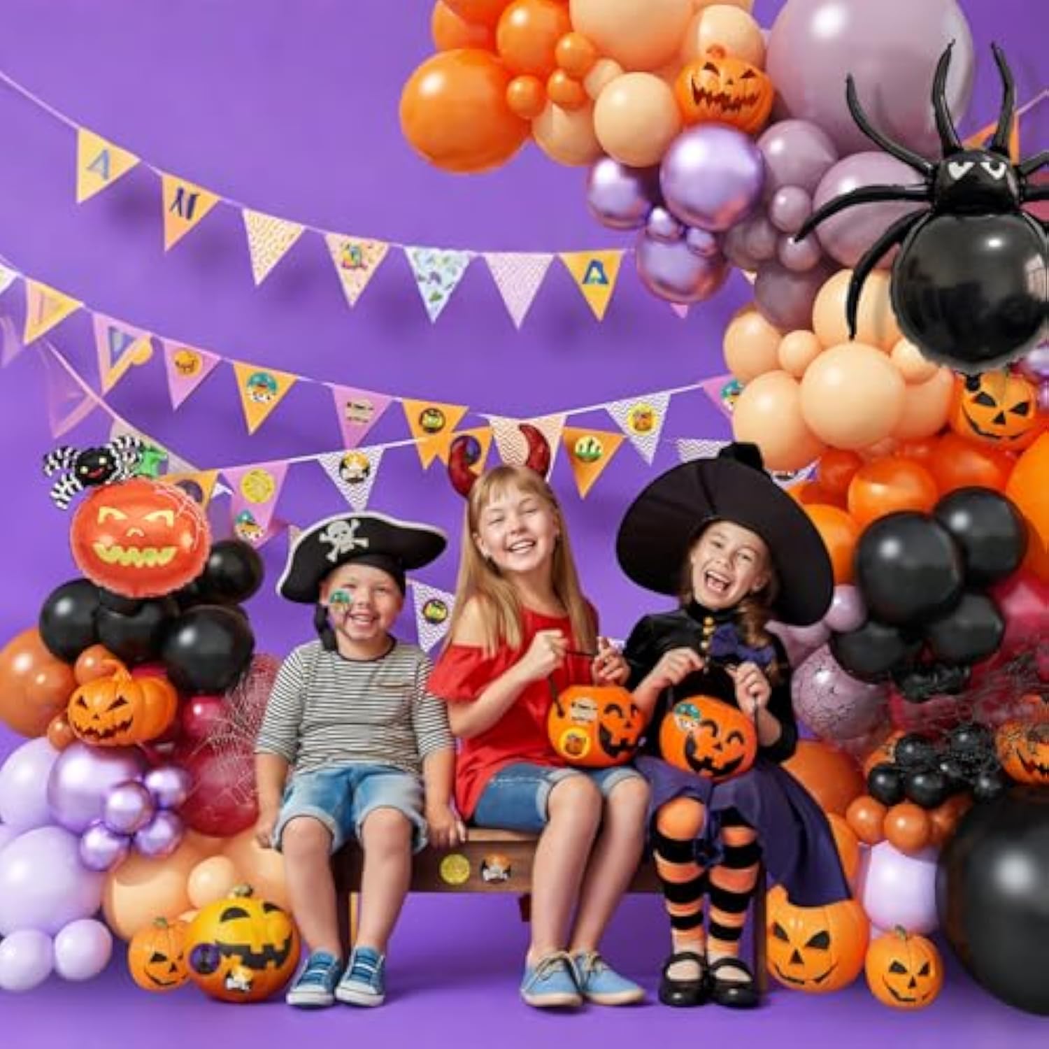 128Pcs Halloween Balloon Arch Kit - Orange, Purple, Black with Spider & Pumpkin Balloons