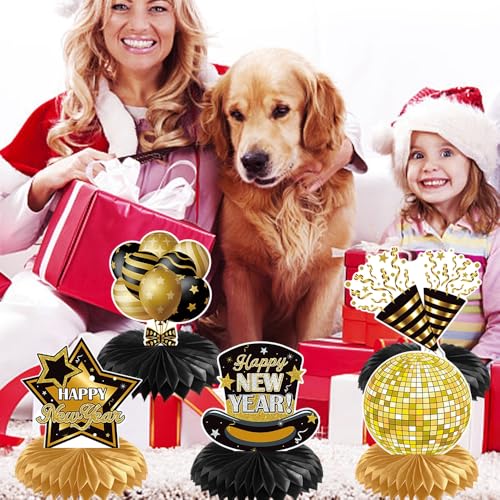 8 Pcs Happy New Years Party Honeycomb Centerpiece, Black Gold Paper Honeycomb Centerpiece Decorations, Happy New Year Theme Table Topper Centerpieces for 2026 New Year Party Supplies Photo Prop