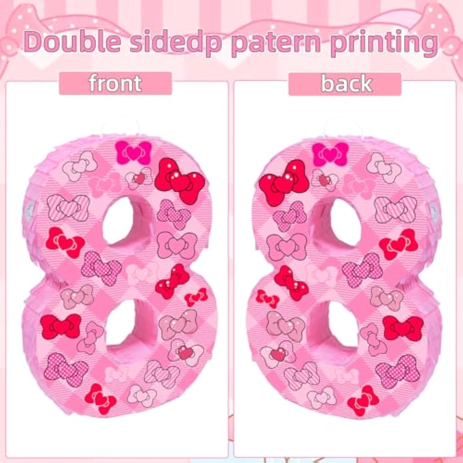 Pink Bow 8Th Birthday Decorations, 15.75Inch Bow Number 8 Piñata With Blindfold Stick And Confetti For Pink Bow Birthday Party Supplies (8)