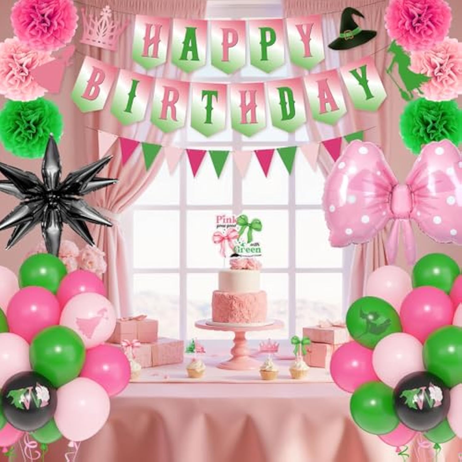 Witch Movie Birthday Party Decorations For Women, Pink And Green Princess Witch Themed Black Star Foil Balloon Happy Birthday Triangle Banner Cup Cake Toppers Pompoms Fringe Curtain Favors