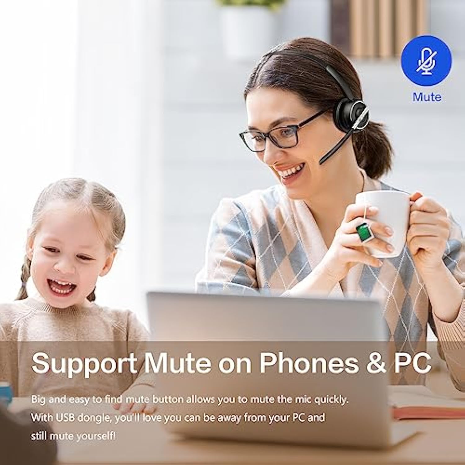 Bluetooth Headset, Wireless Headset With Microphone For Pc, V5.2 Computer Headset With Noise Cancelling Mic, Usb Dongle, Charging Base & Mute Button For Work, Cell Phones, Computer (Black)