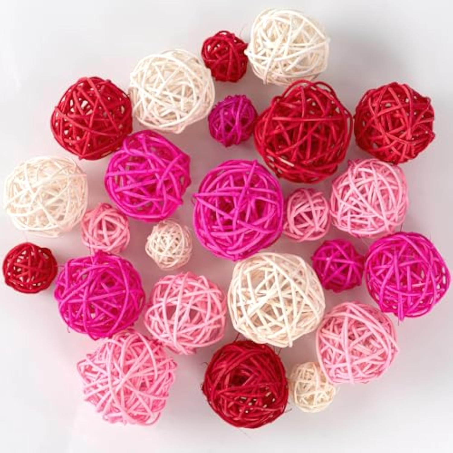 24Pcs Valentine'S Day Decorative Rattan Balls, Pink Red Grey Wicker Balls Decorations For Valentine'S Day Decor Centerpiece Diy Crafts Vase Bowl Orbs Filler Wedding Home Decor, 1.2"/2"/2.4"