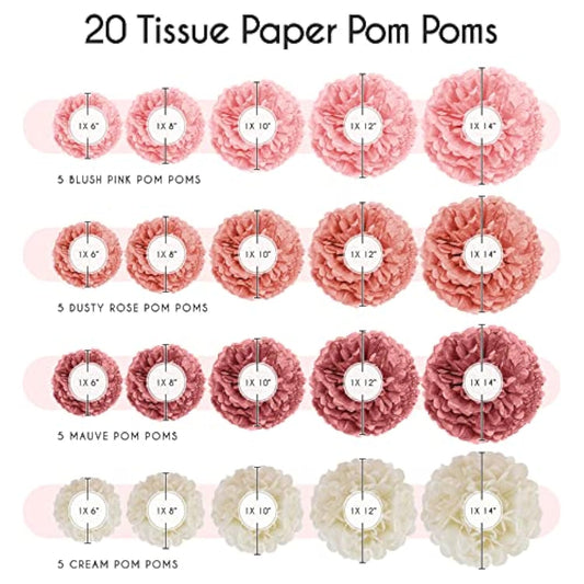 20 Piece Tissue Paper Pom Poms | Blush Pink, Dusty Rose, Mauve & Cream | Colorful Paper Flower Wall Decorations For Bridal Showers, Baby Showers, Weddings, Graduations, Tea Parties & More