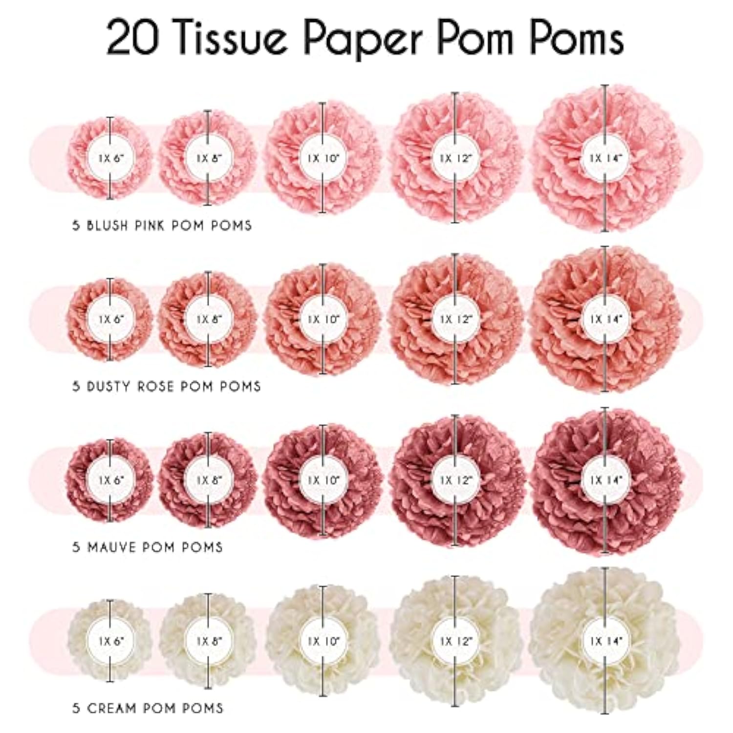 20pcs Tissue Paper Pom Poms in Blush, Rose, Mauve & Cream for Party Decor