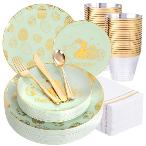175Pcs Easter Plates and Napkins Disposable - Green and Gold Plastic Dinnerware Set for 50 guests include 50 Plates 25Cups 25Plastic Silverware 25Napkins Perfect for Easter Party