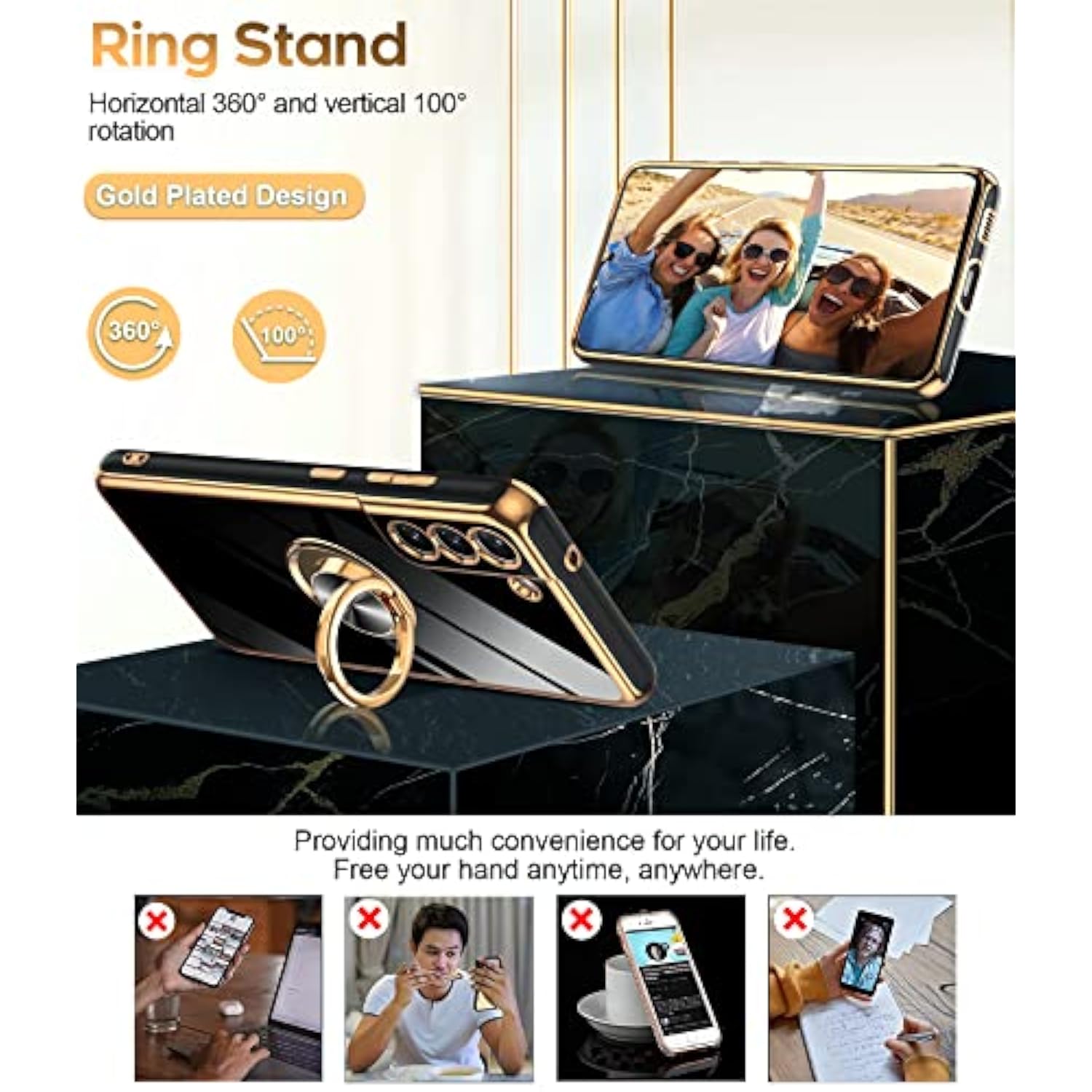 For Samsung Galaxy S21 Fe 5G Case: With Tempered Glass Screen Protector [2 Pack] 360° Rotatable Ring Holder Magnetic Kickstand, Plating Rose Gold Edge Protective Case, Black