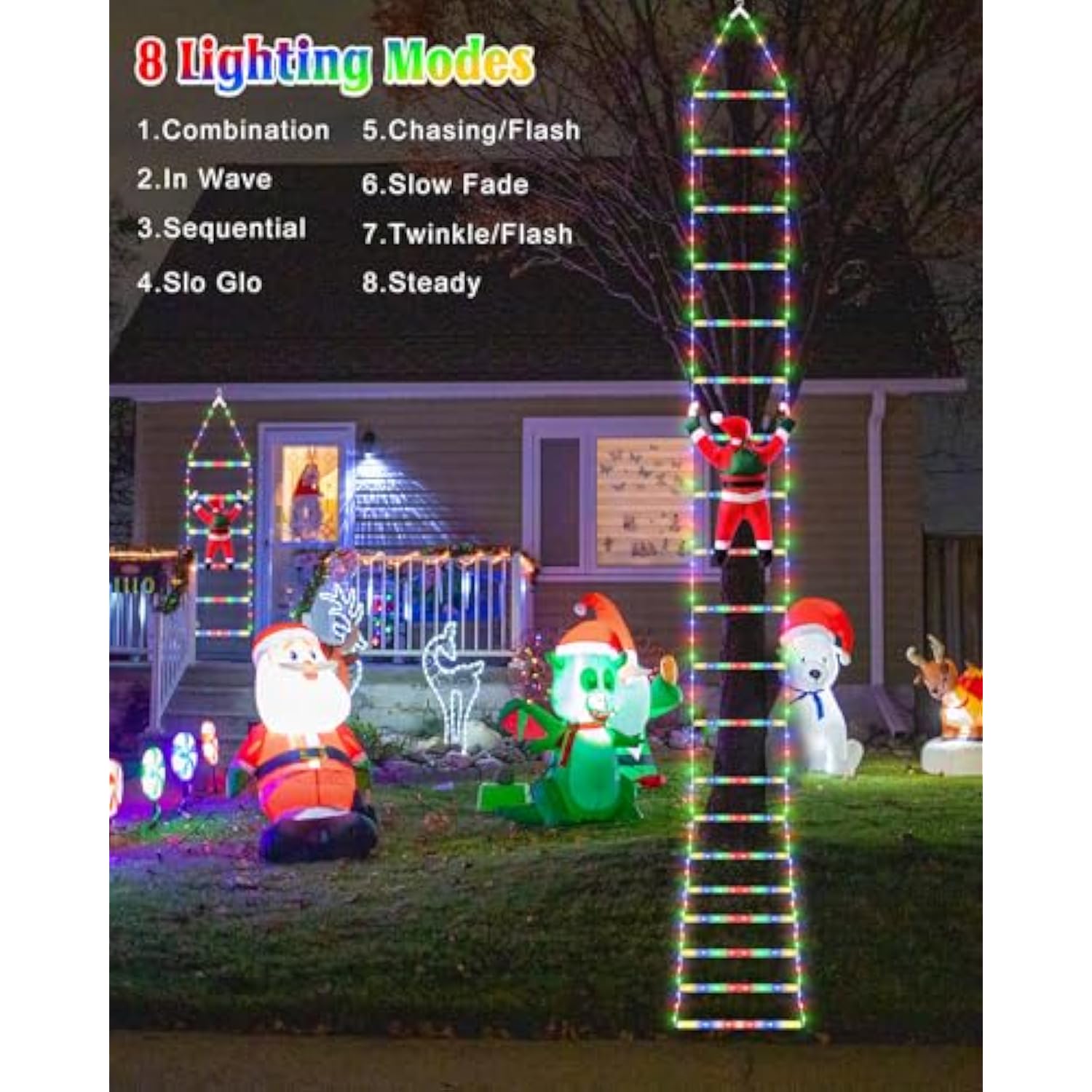 338 Led Christmas Lights Indoor Outdoor Decorations, 10Ft Christmas Decorative Ladder Lights With Santa Claus 8 Modes Wa