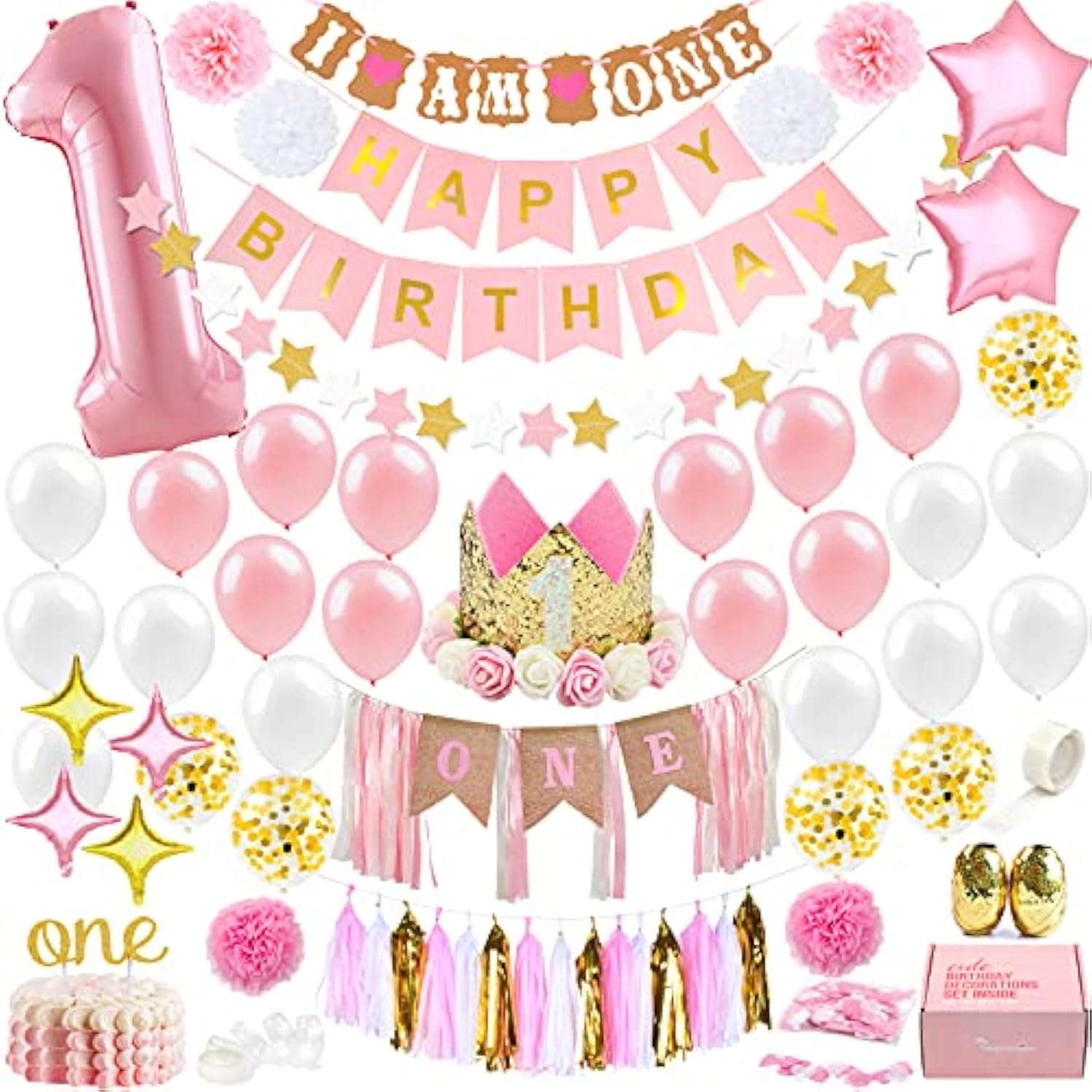 1St Birthday Girl Decorations With Birthday Crown- Baby First Birthday Decorations Girl - Pink And Gold Party Supplies - One Balloon, Heart And Confetti Balloons, Happy Birthday Banner One Cake Topper